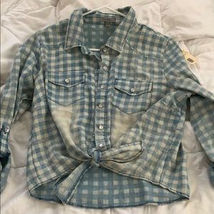 Distressed plaid, tie up shirt. Never worn.